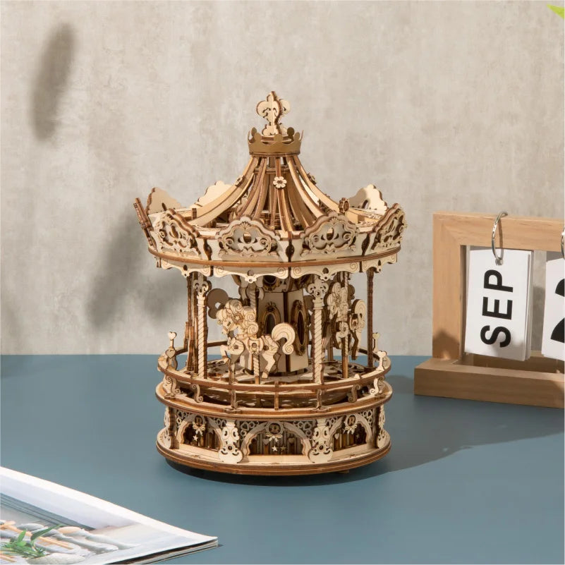 Puzzle 3D en bois avec carrousel rotatif