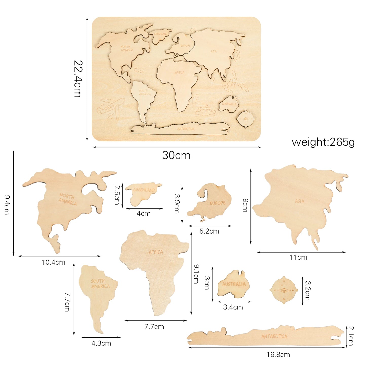 Rompecabezas de madera con los continentes del mapa del mundo