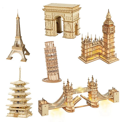 Puzzle 3D en bois représentant un bâtiment en forme de pagode du Tower Bridge de Londres et du Big Ben