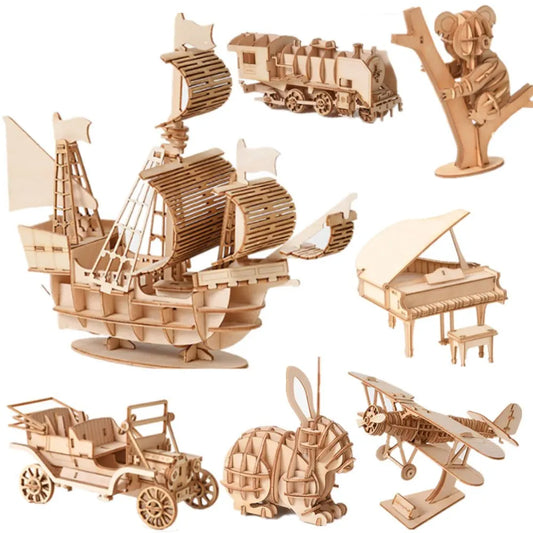 Wooden 3D Ship T-Mobile Train Plane Bear Dog Cat Piano Puzzle