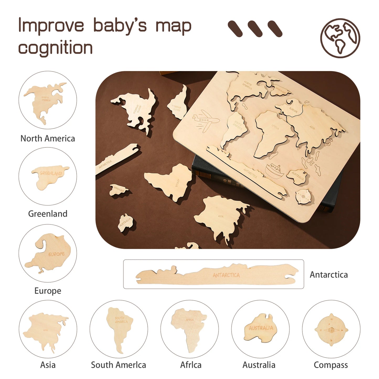 Rompecabezas de madera con los continentes del mapa del mundo