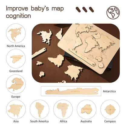 Rompecabezas de madera con los continentes del mapa del mundo