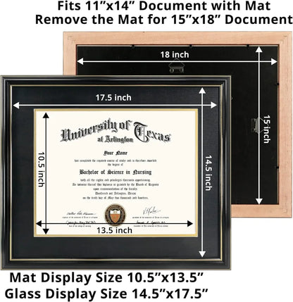 Diploma Frame with Black Over Gold Mat or Display 15x18 Certificate Without Mat