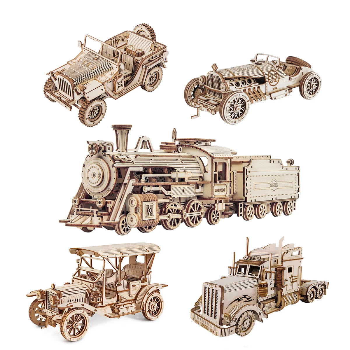 Wooden 3D Classic Car Train Army Jeep Heavy Truck Vintage Car Puzzle