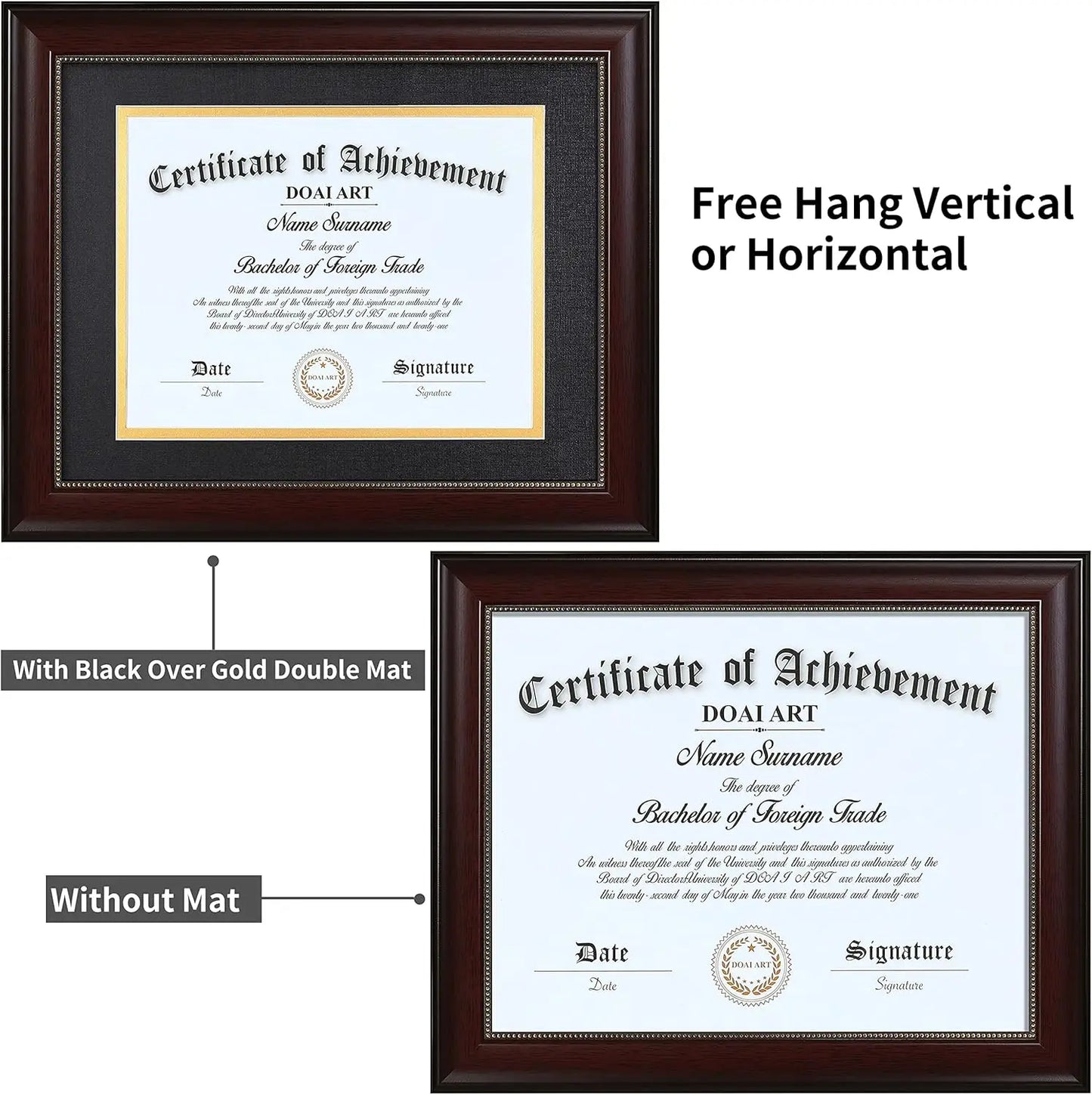 Diploma Frame Set of 2 Classic Mahogany with Black and Gold Double Mat