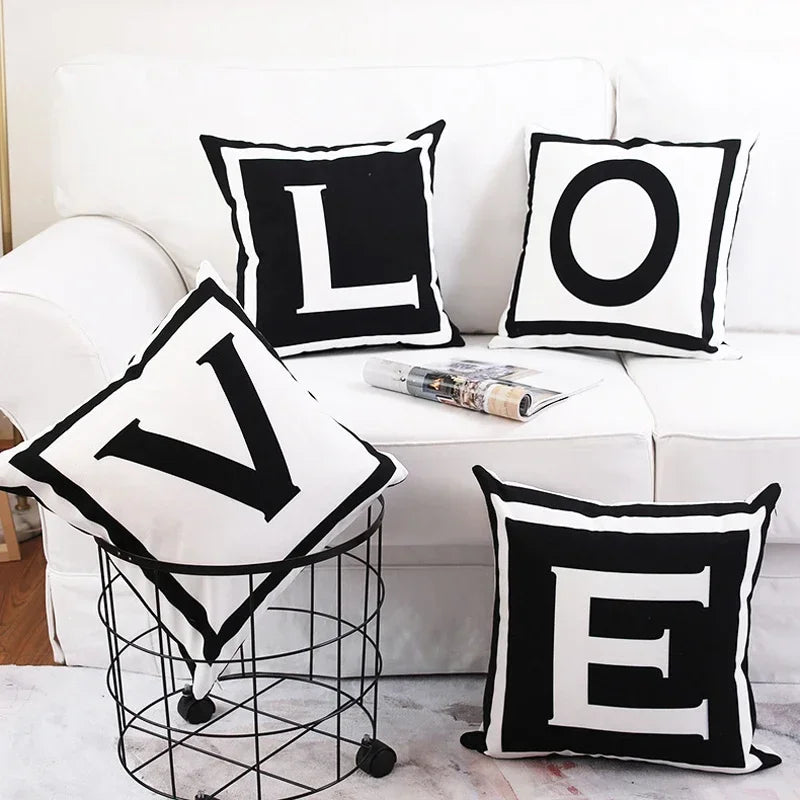 Simple Black White Alphabet Printed Cushion Cover